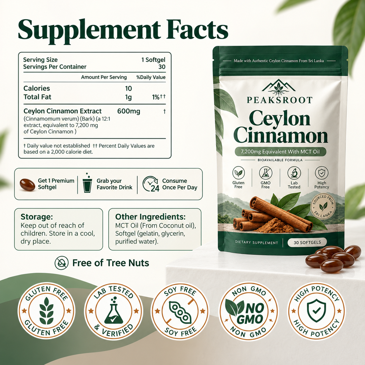 Ceylon Cinnamon 7200mg Equivalent with MCT Oil